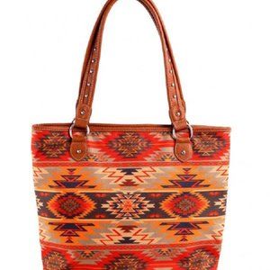 Leather Trim Aztec Design Canvas Tote Bag